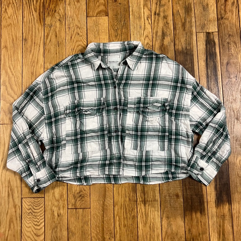 Abercrombie Fitch‎ Plaid Cropped Shirt Womens Size Small Green White Long Sleeve